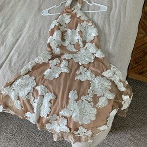 Nude dress with white flowers; high neck